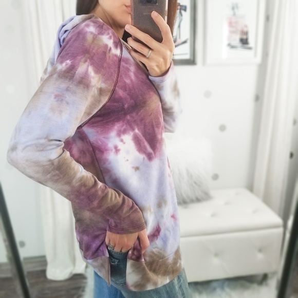 Fall Pullover Tie Dye Hoodie Tops Purple Taupe Comfy Tops - Picture 5 of 9
